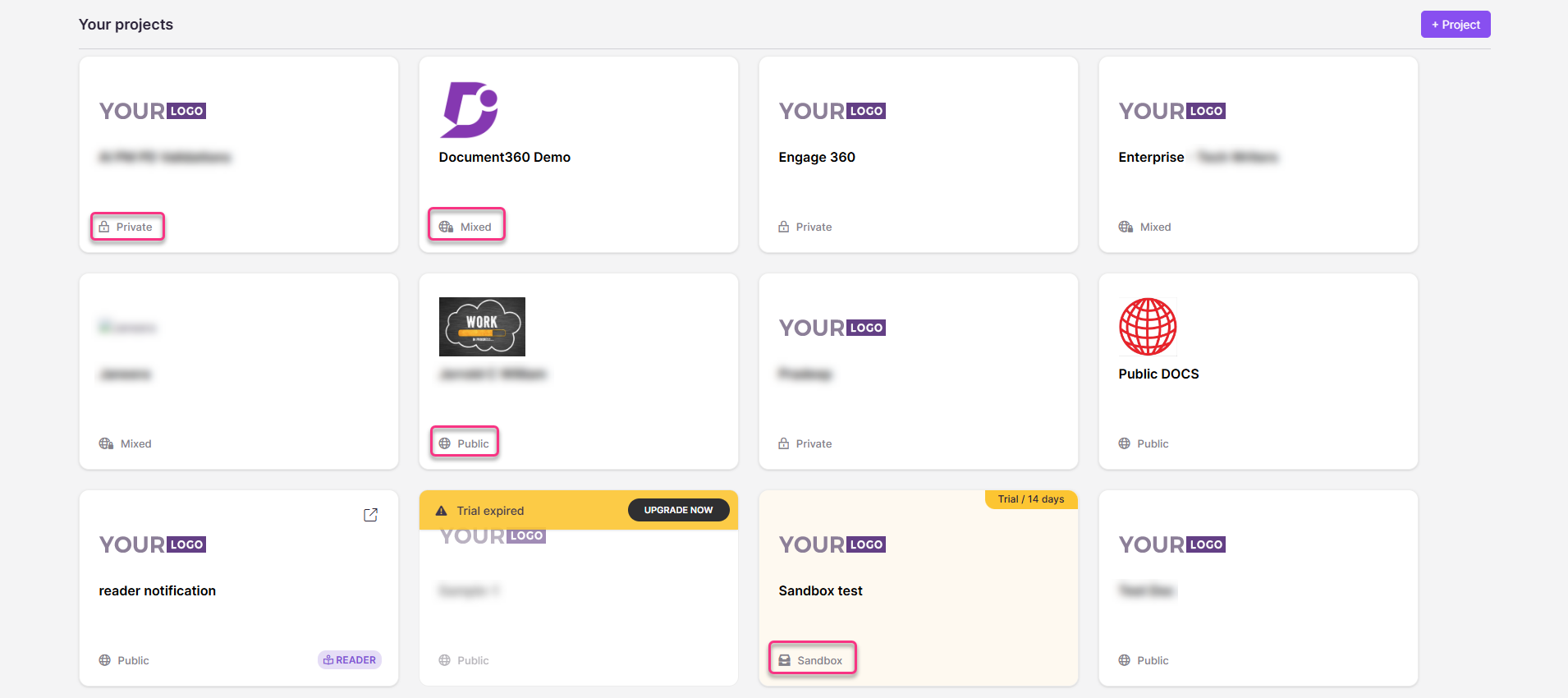 Your projects page showing project tiles for switching between Document360 projects