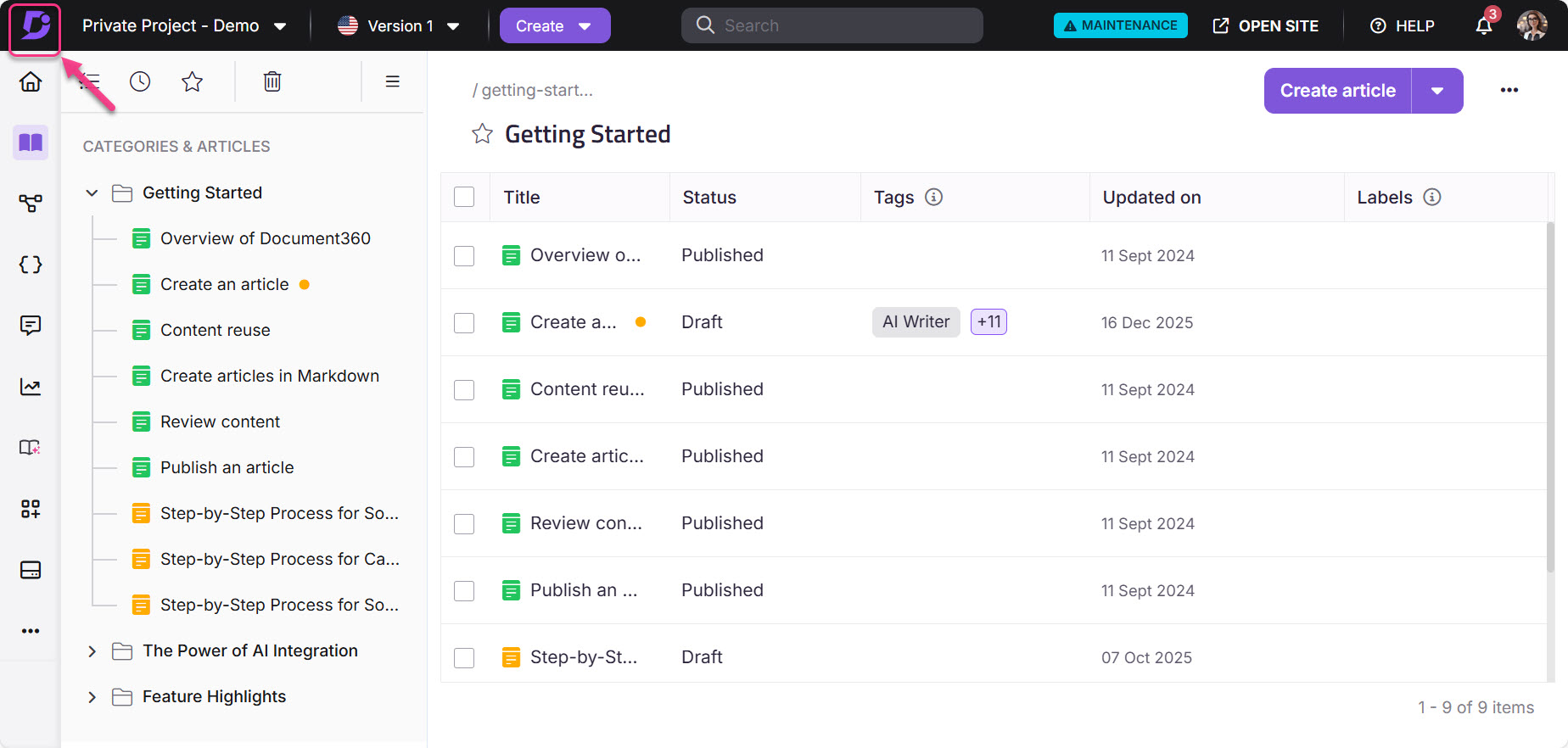 Dashboard view showing article statuses and options for creating new content.