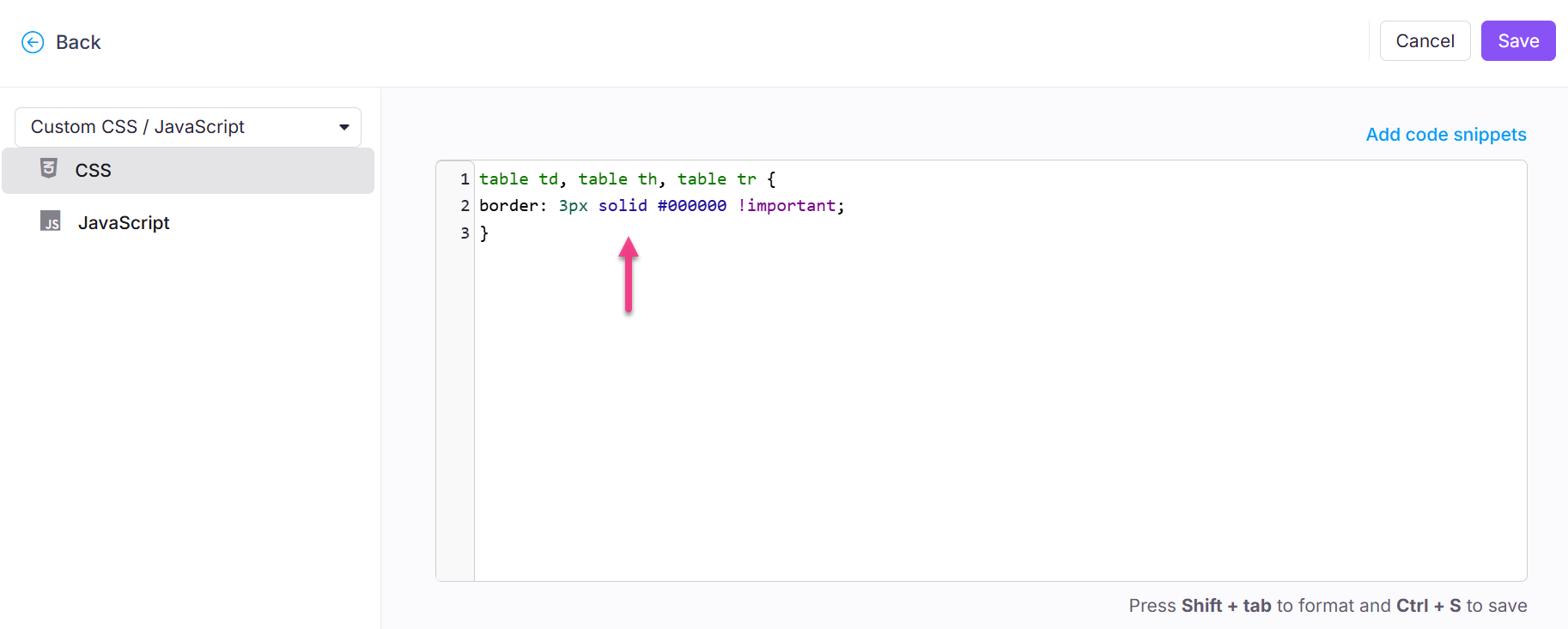 CSS code snippet showing table border styling with highlighted important property.