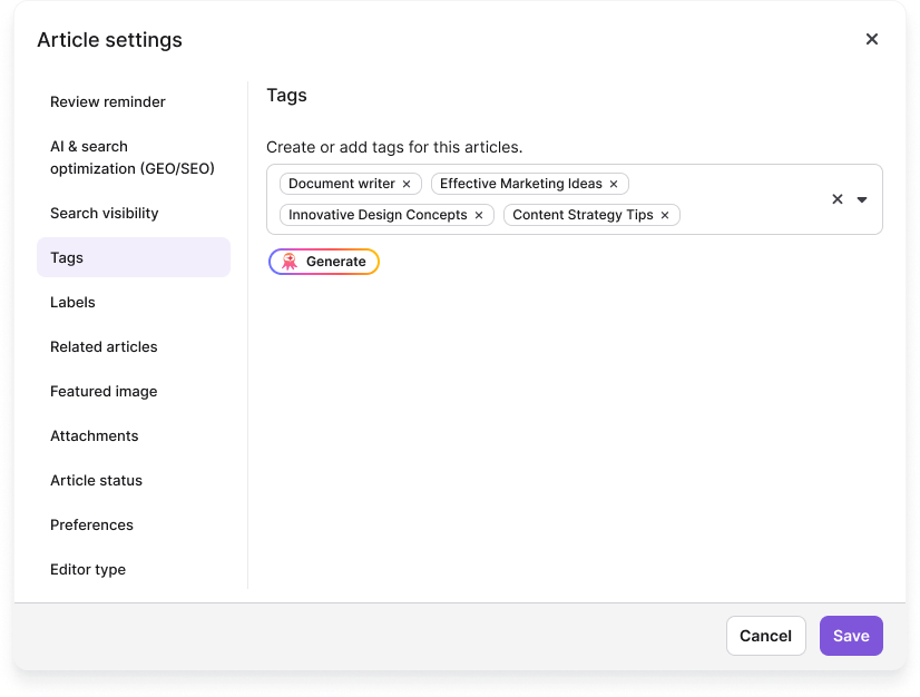 Tags tab in the Article settings panel showing the tag search and selection field