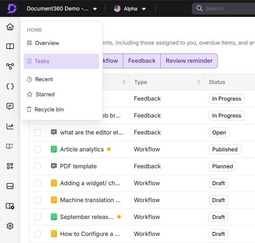 Document360 interface showing tasks, feedback, and workflow statuses for project management.