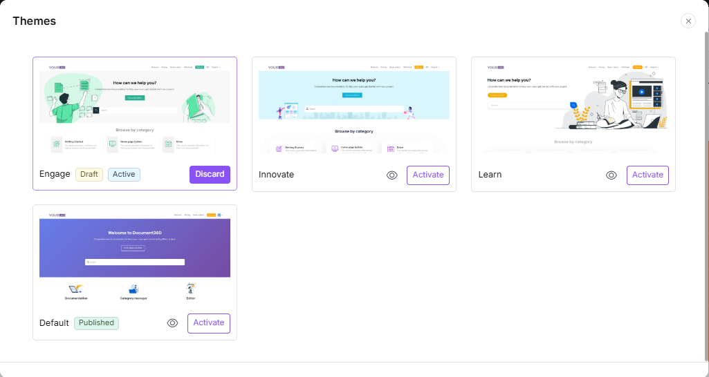 Theme panel showing Published, Draft, and Active status labels for each theme