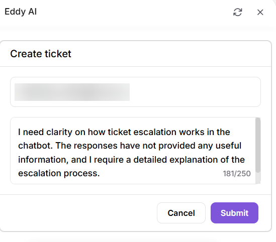 User creates a ticket requesting clarification on chatbot ticket escalation process.