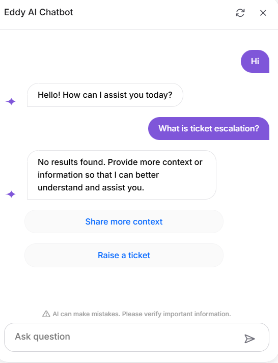 Chatbot interface showing user query and response about ticket escalation process.