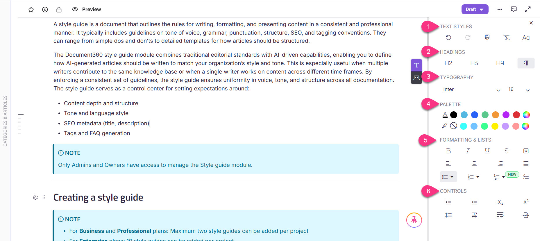 Document outlining style guide elements, including content structure and access notes.