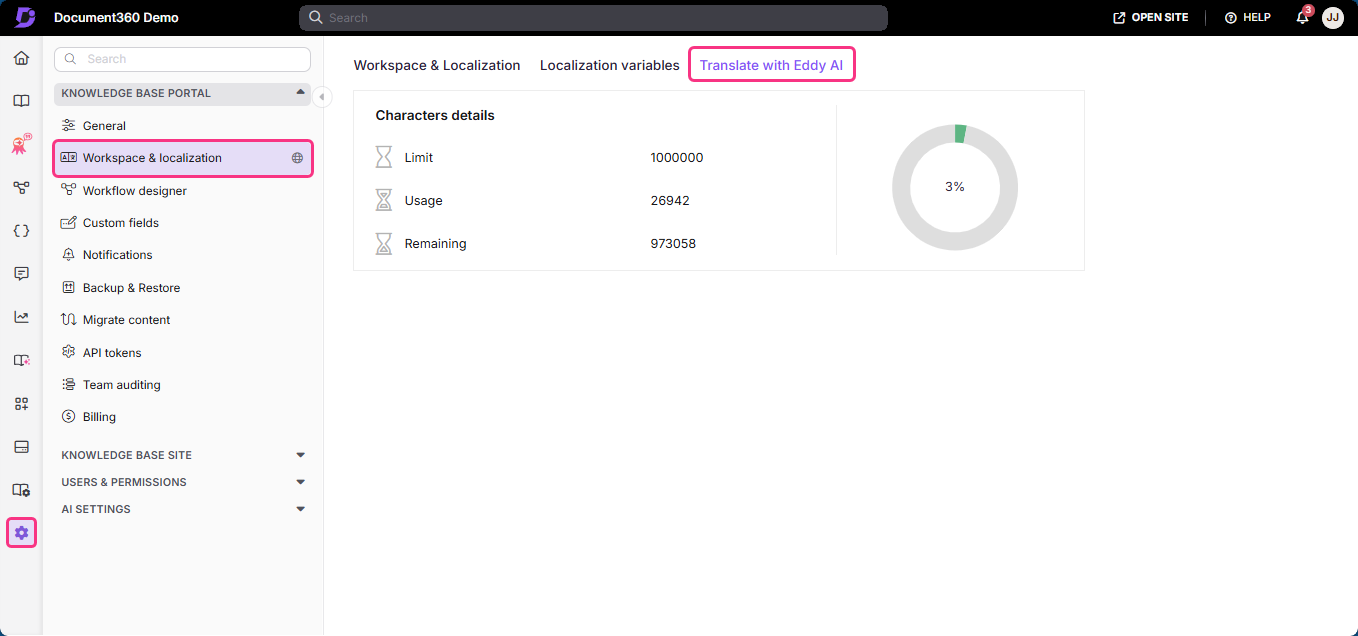 Document360 interface showing workspace localization settings and character usage details.