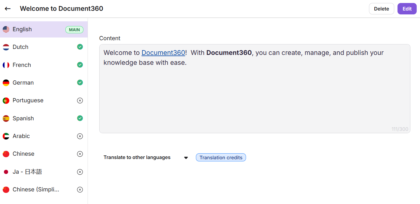 Document360 interface showing language options for creating a knowledge base.