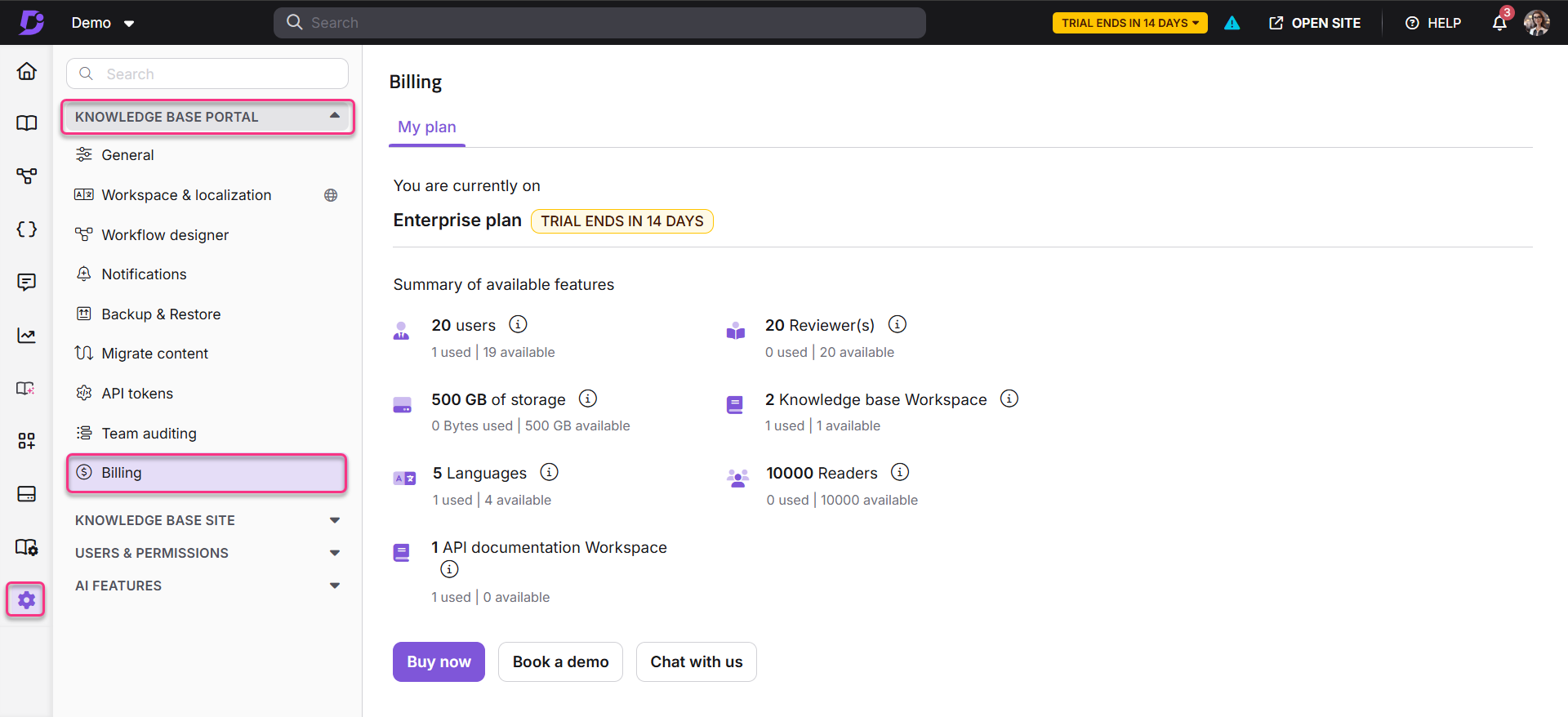 Billing section showing plan details, features, and trial expiration information.