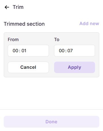 Trimming section interface with time input fields and action buttons for video editing.