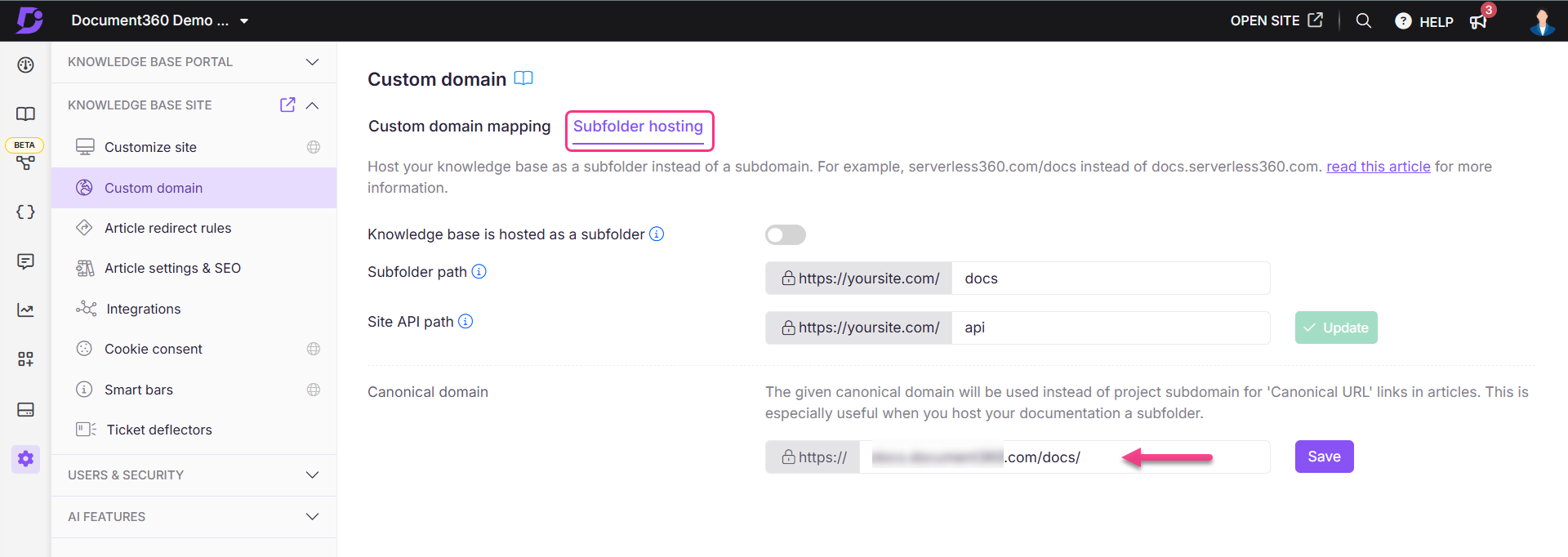 Image showing the subfolder hosting tab