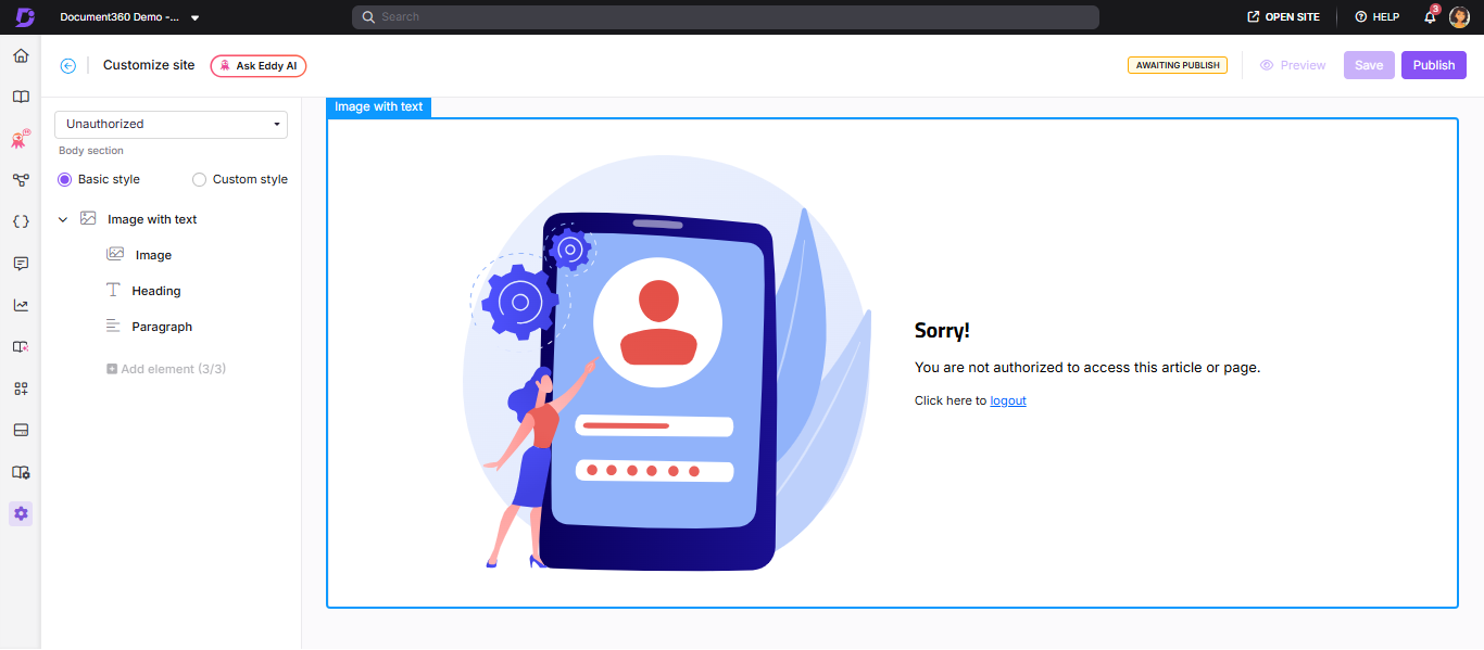 Unauthorized page customization panel in the Customize site builder