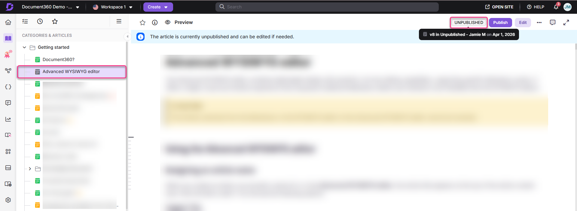 Document360 interface showing the Advanced WYSIWYG editor and unpublished article status.