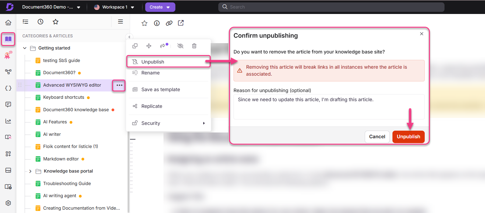 Confirmation dialog for unpublishing an article from the knowledge base site.