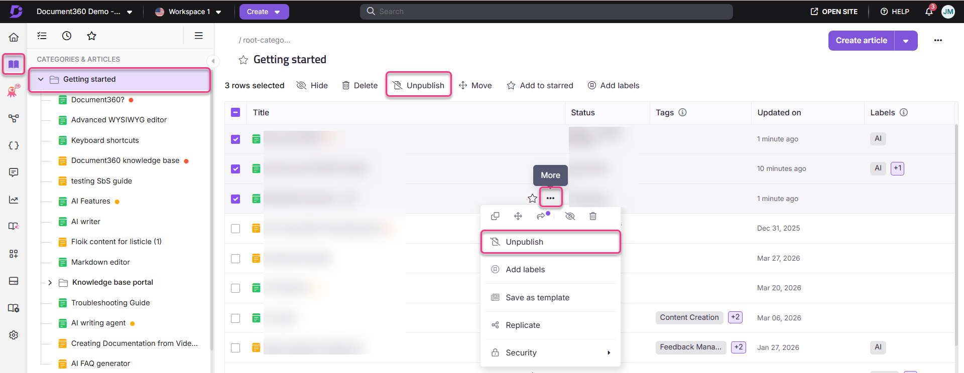 Document360 interface showing article management options including unpublish and category selection.