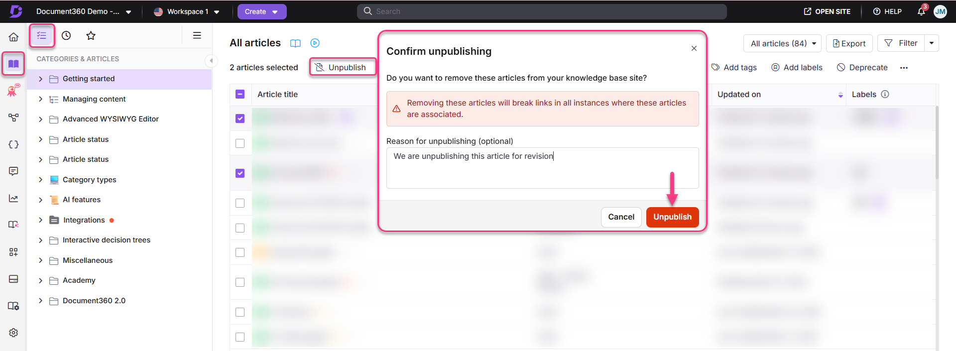 Confirmation dialog for unpublishing articles from the knowledge base site.