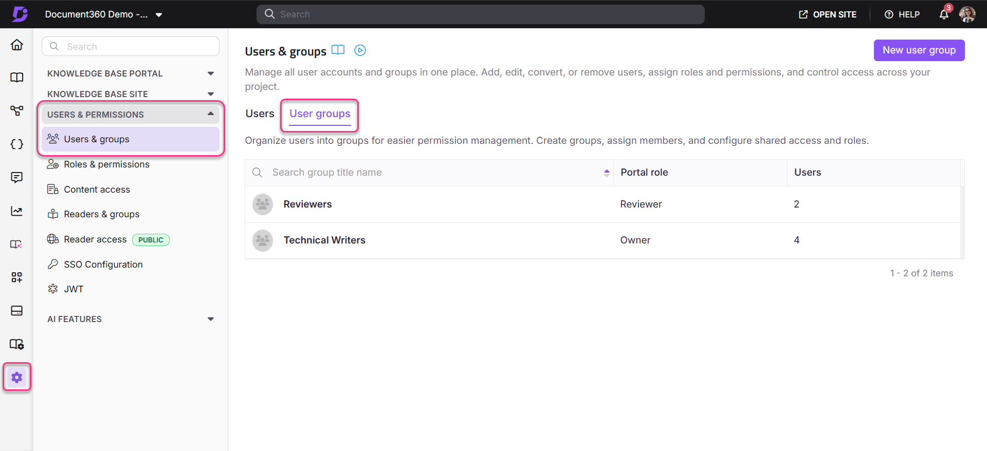 User groups management interface displaying roles, permissions, and user details for organization.