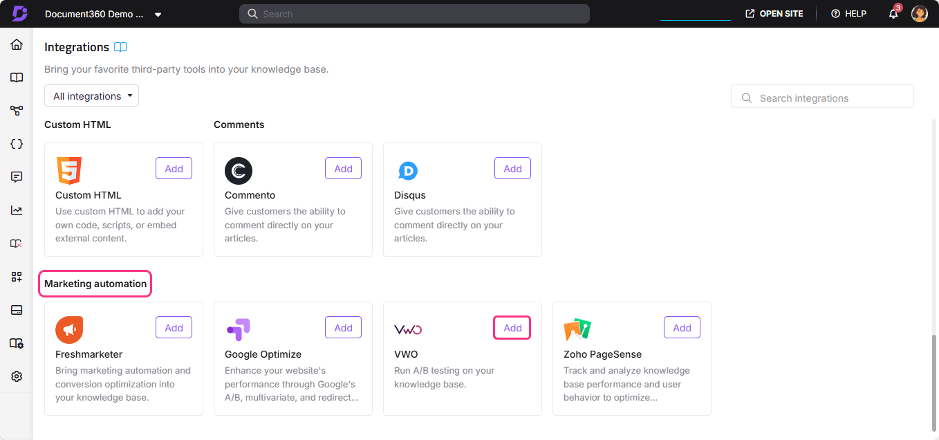 Integration options displayed, highlighting Marketing automation among other tools available.