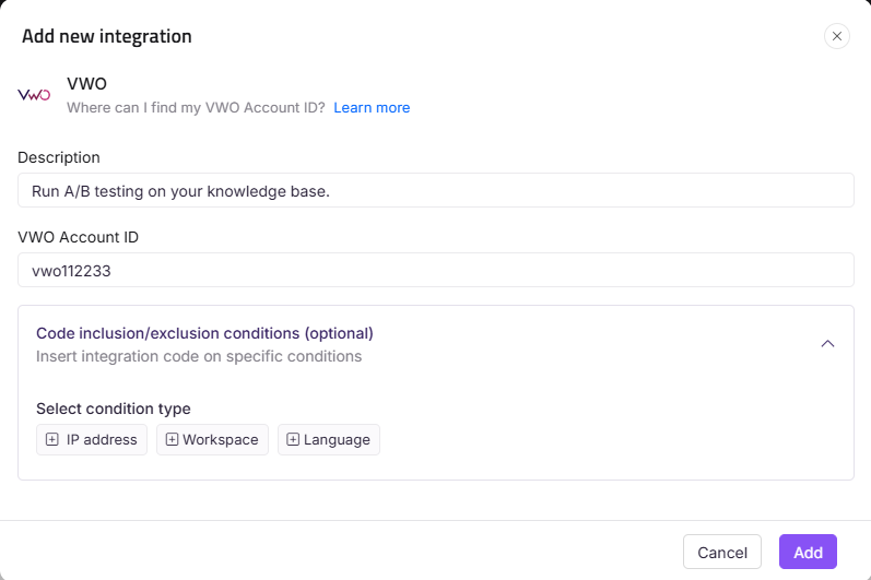 Interface for adding a new VWO integration with account ID and description fields.