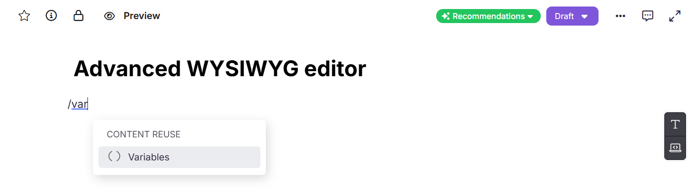 WYSIWYG editor interface displaying content reuse options for variables.