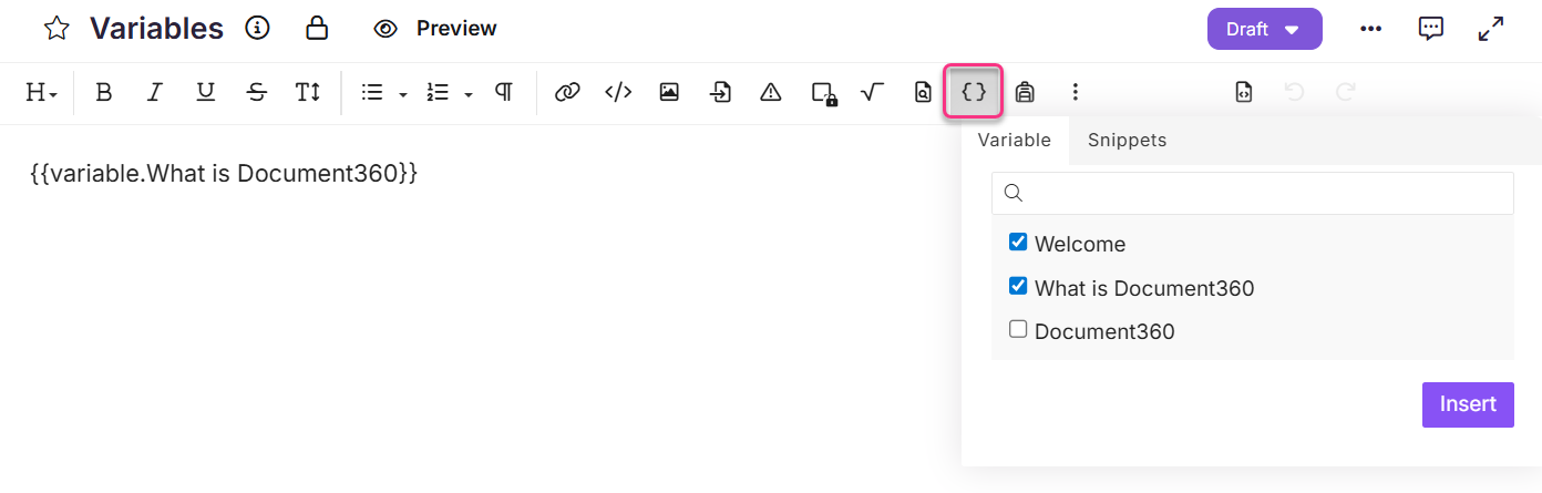 Interface showing variable options for Document360 with highlighted selection elements.