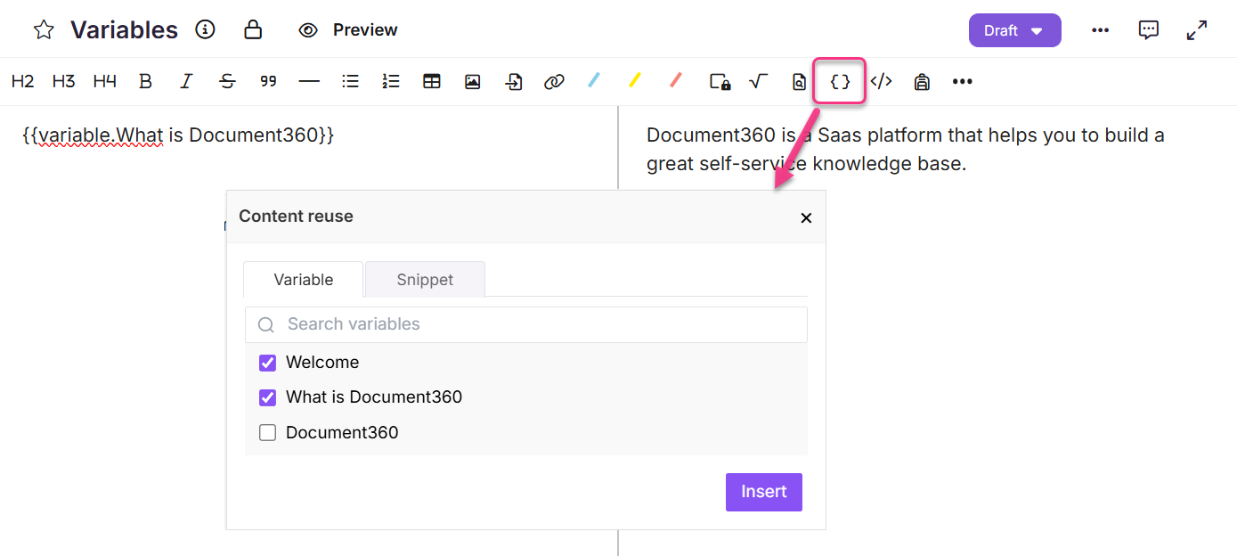 Document360 interface showing variable content reuse options for knowledge base creation.