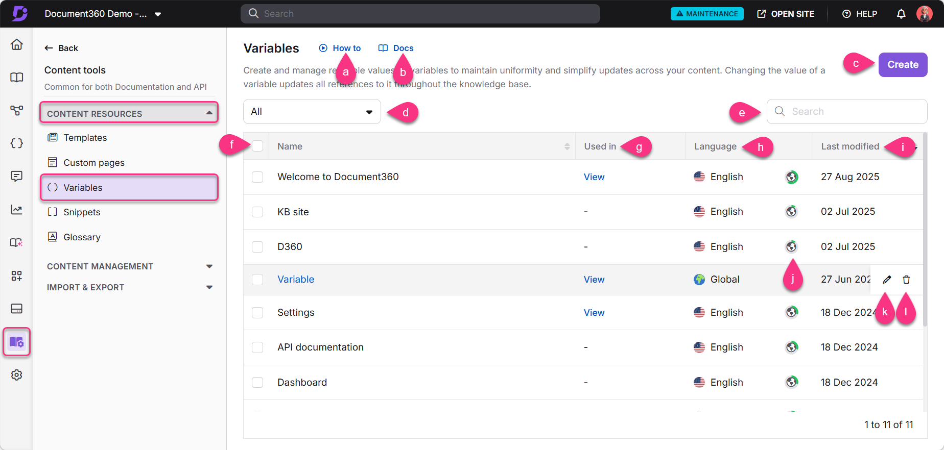 Document360 interface showing variables management with highlighted sections and options.