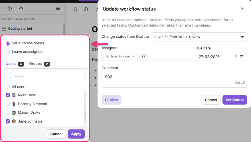 Workflow update interface showing assignee selection and status change options.