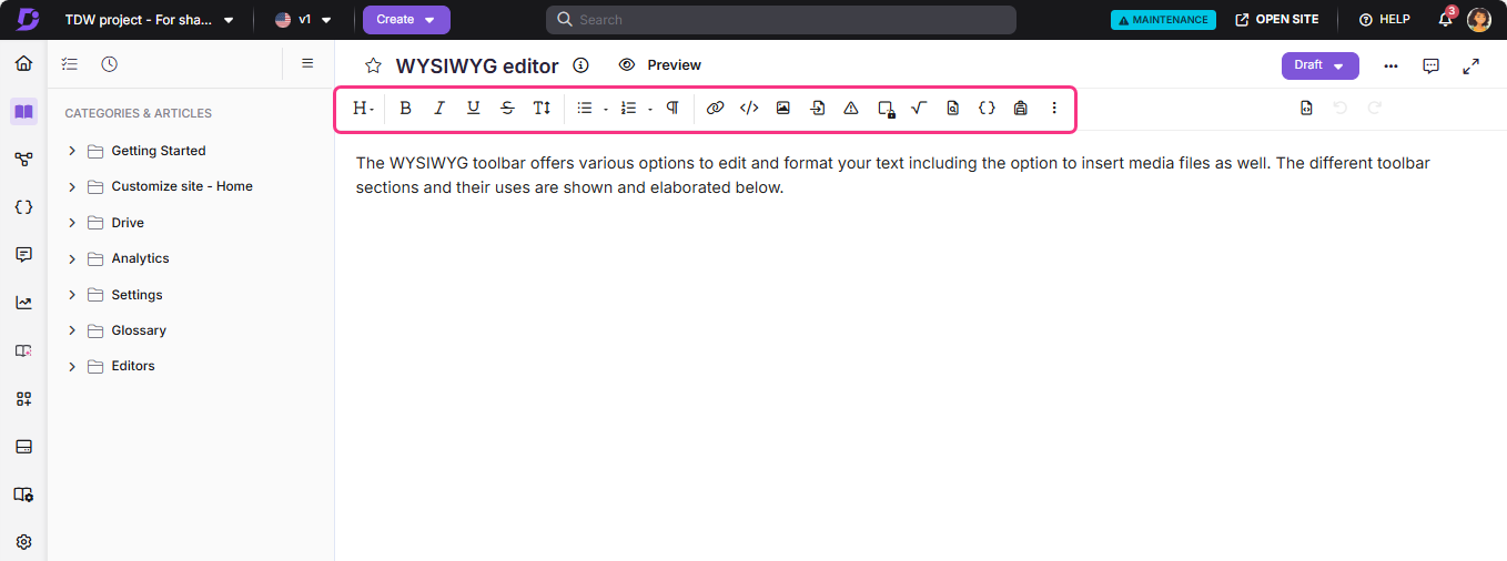 WYSIWYG editor toolbar displaying various text formatting options and features for users.