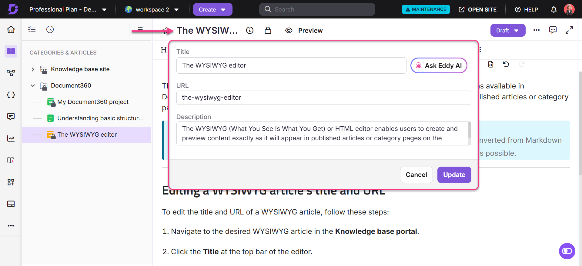 The WYSIWYG editor interface showing title, URL, and description fields for editing.