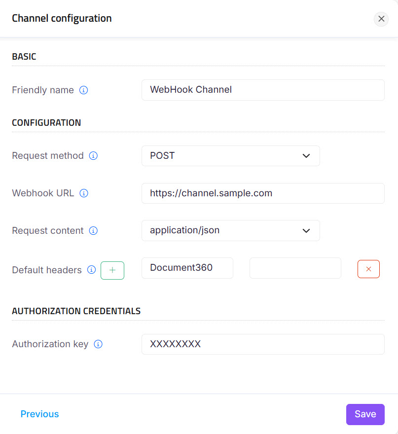 Configuration settings for a WebHook channel including URL and authorization key.