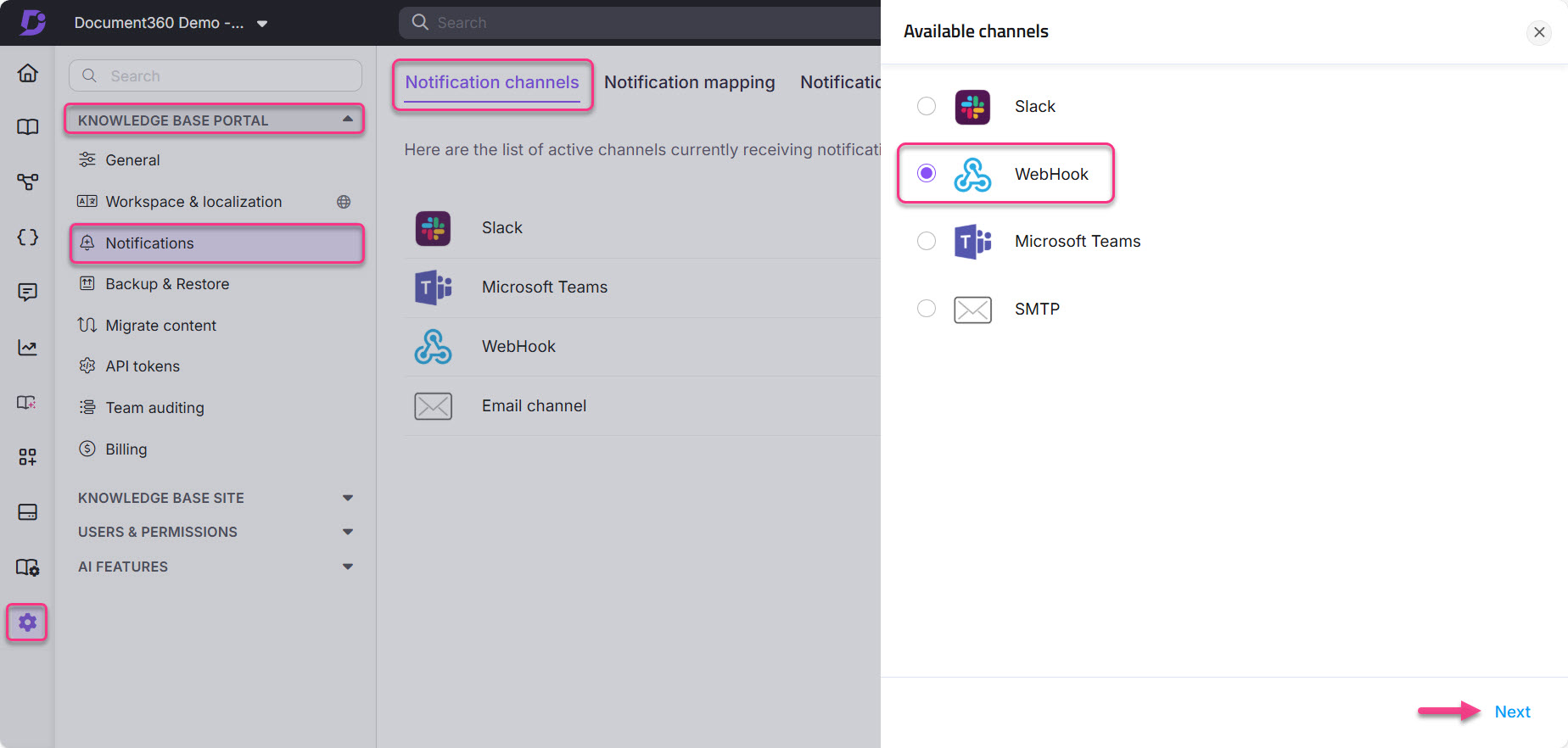 Overview of notification channels including Slack, Microsoft Teams, and WebHook options.
