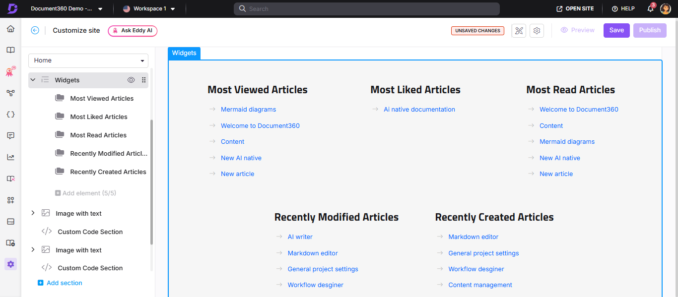 Home page builder showing a Widgets block with all five widget elements added and headings editable