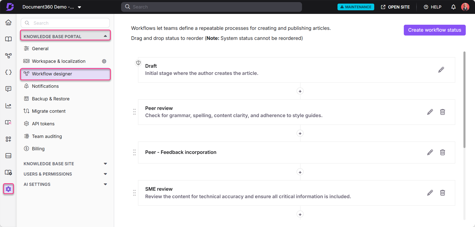 Workflow designer interface showing article creation stages and review processes.