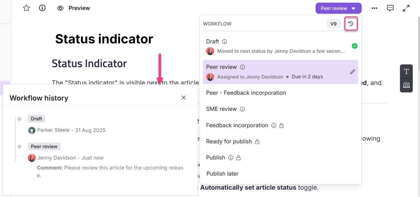 Workflow status indicator showing article progress and assigned reviewers for feedback.