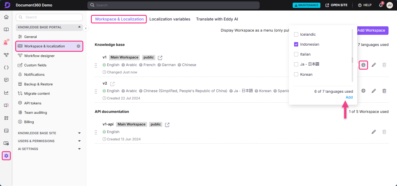 Document360 interface showing workspace localization options and language selection features.