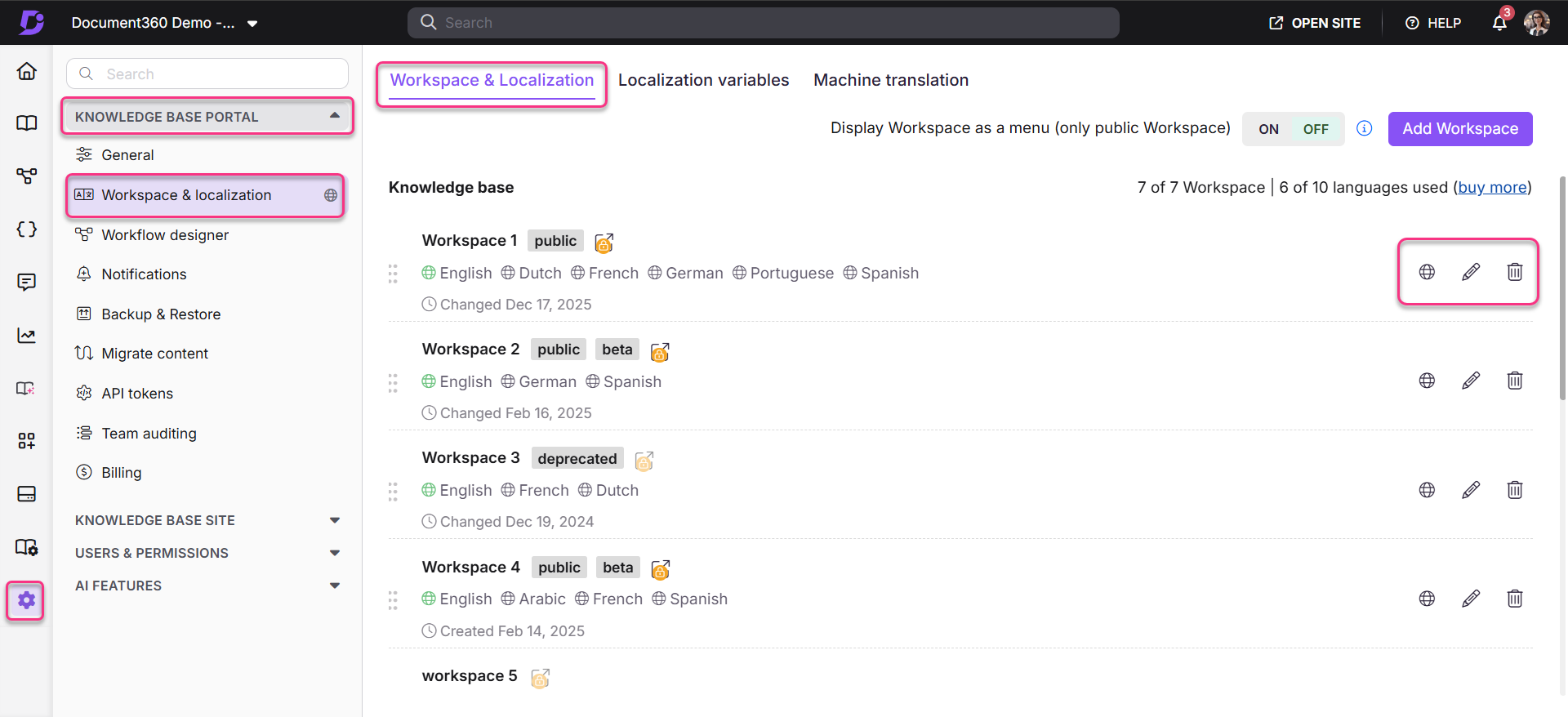 Document360 interface showing workspaces, localization options, and language settings for knowledge base.