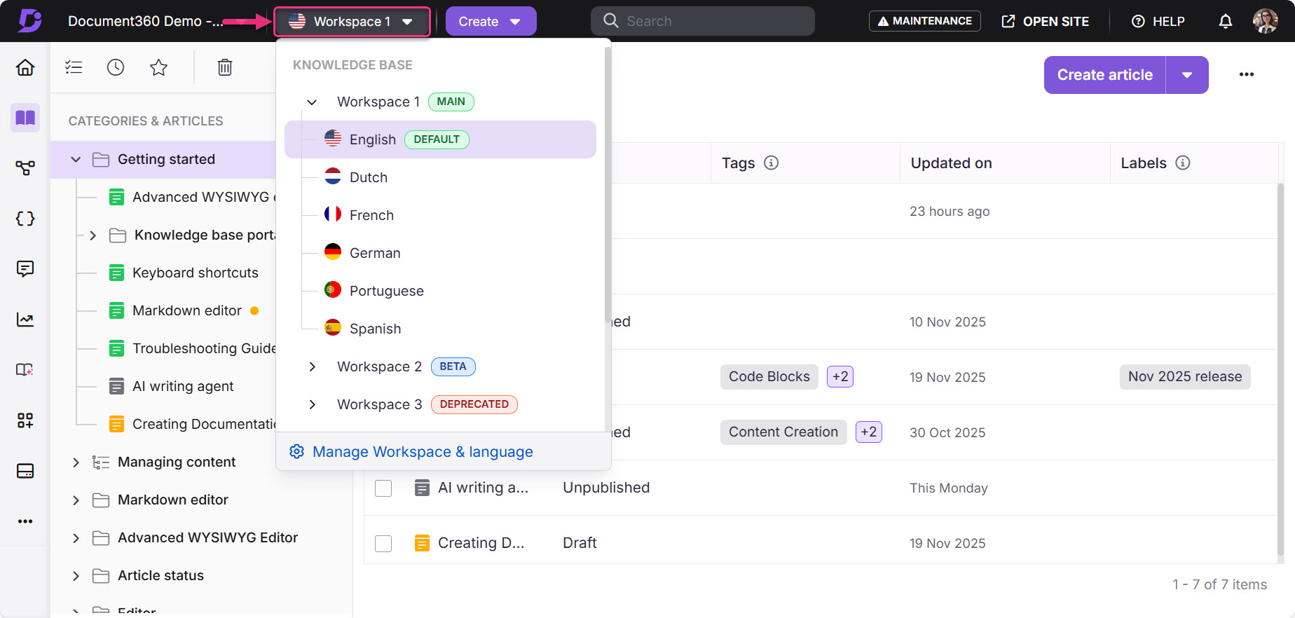 Document360 interface showing workspace selection and article management options.