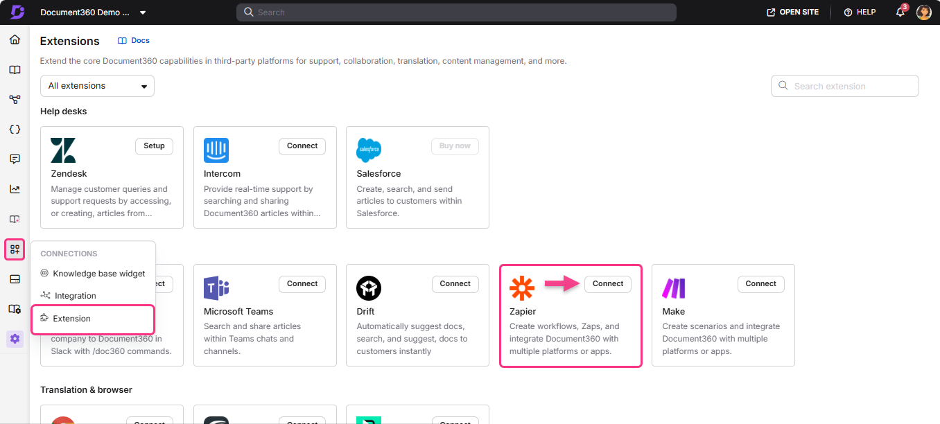 Document360 interface showing various extensions with a focus on connecting Zapier.