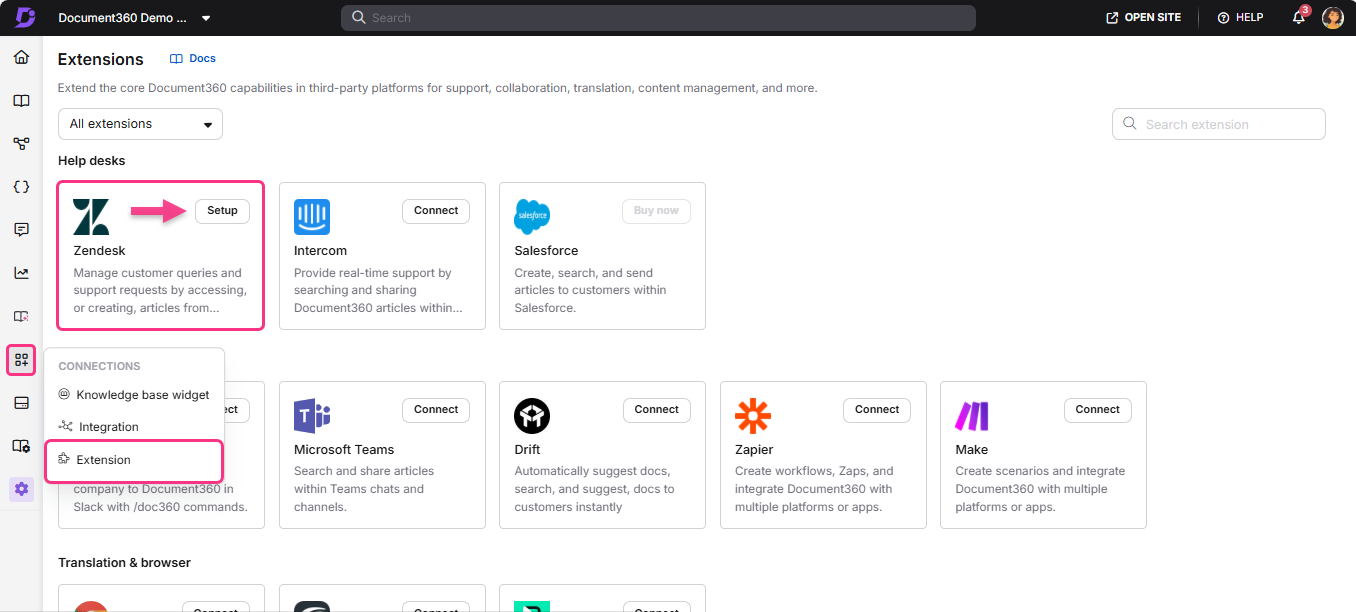 Document360 extensions page showing Zendesk setup and various integration options.