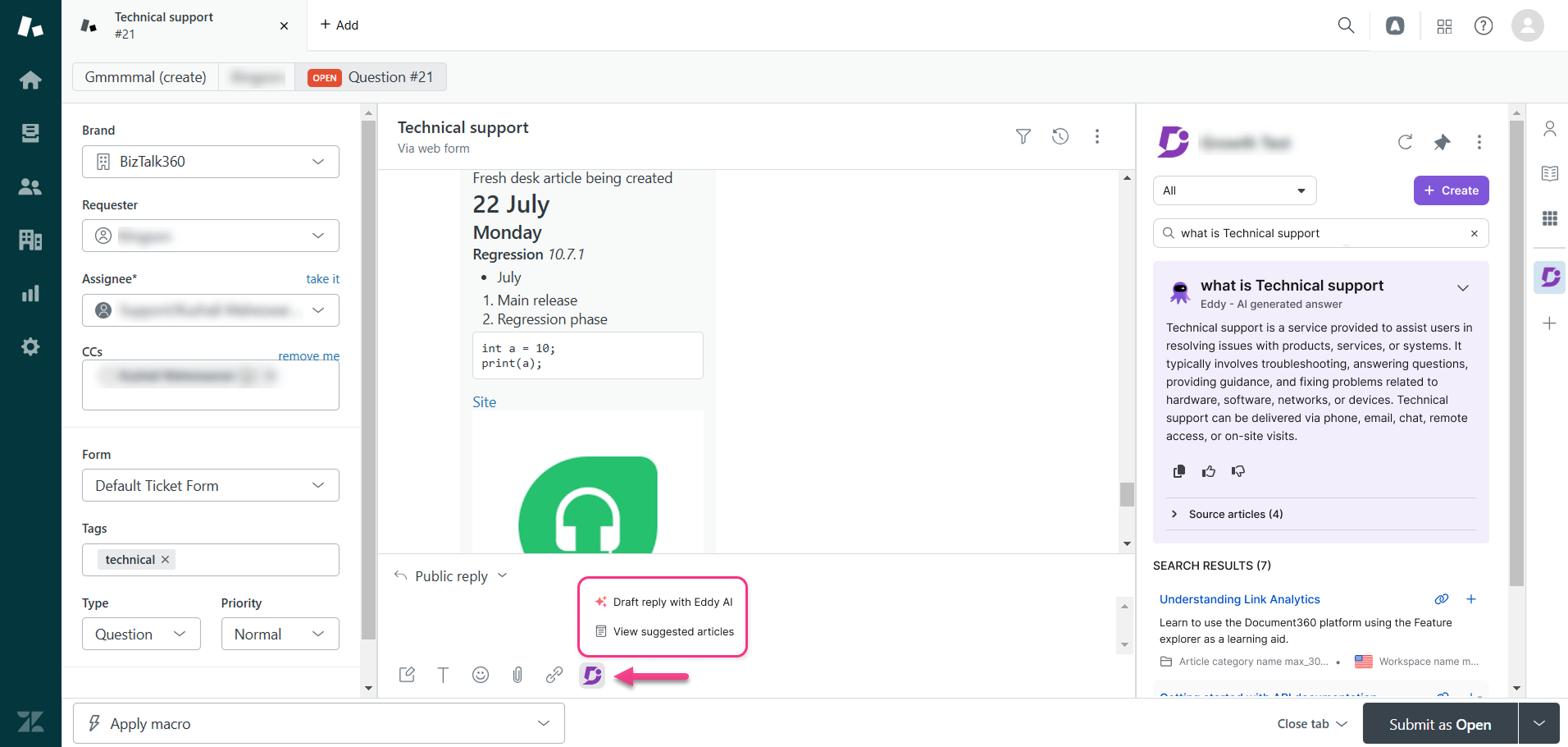 Image showing the options to draft reply and view suggested articles using Eddy AI