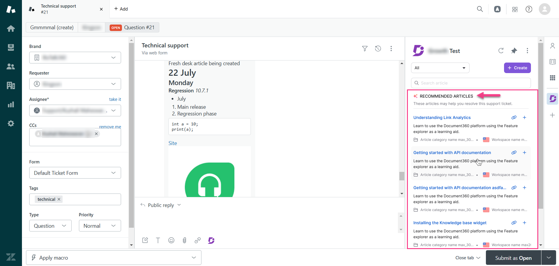Image showing recommended articles in the Zendesk platform