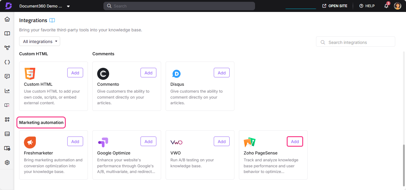 Integration options displayed, highlighting Marketing automation and various third-party tools available.
