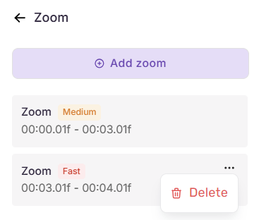 Zoom panel listing zooms with animation speed and time range