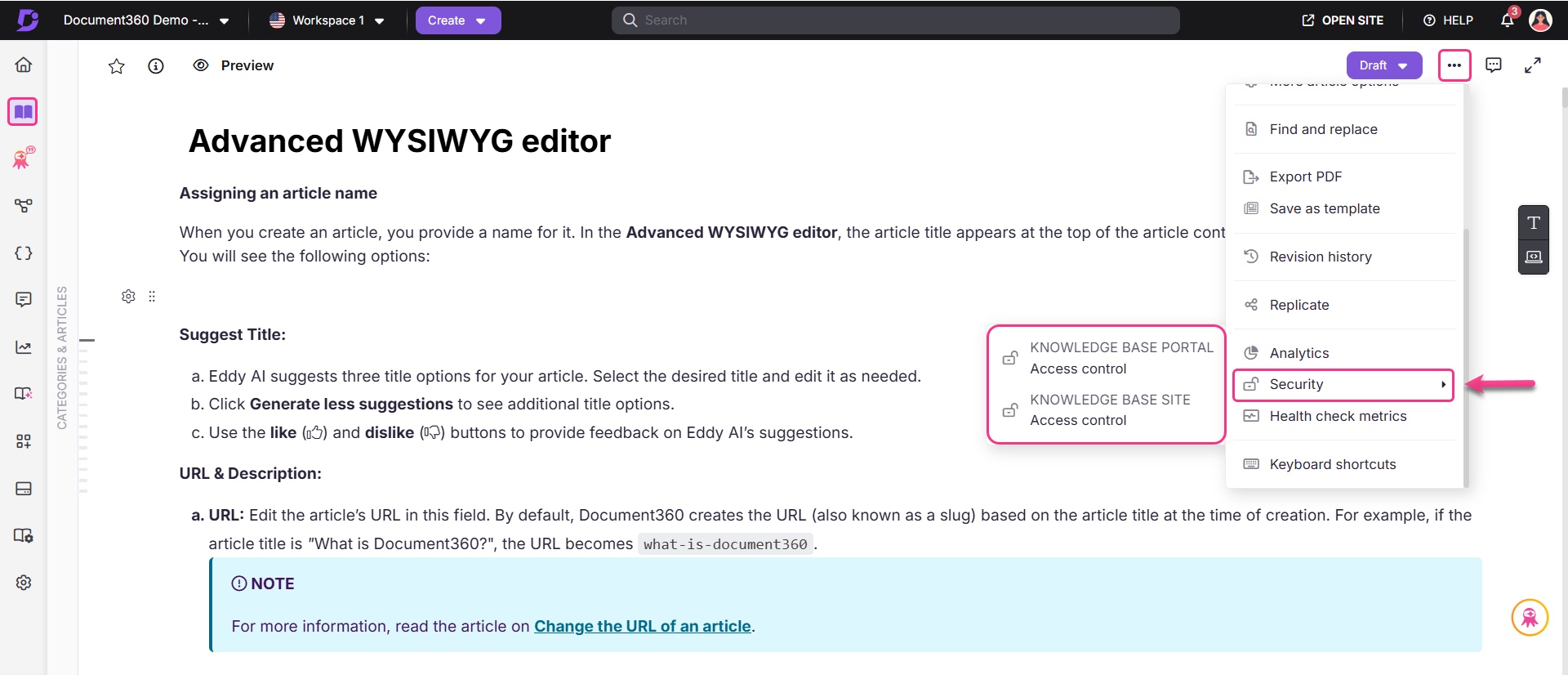 Document360's WYSIWYG editor interface showing article title and access control options.