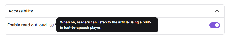 Accessibility accordion in Article settings showing the Enable read out loud toggle