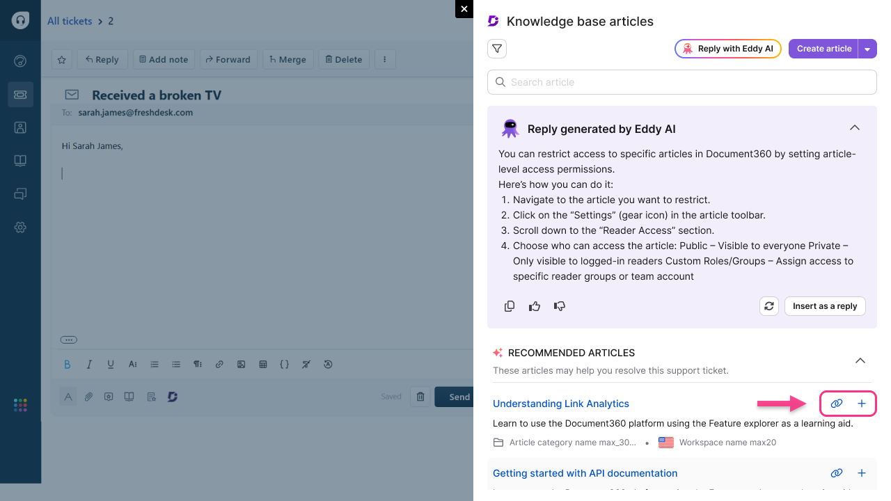 Instructions for restricting article access in Document360 with highlighted link analytics.