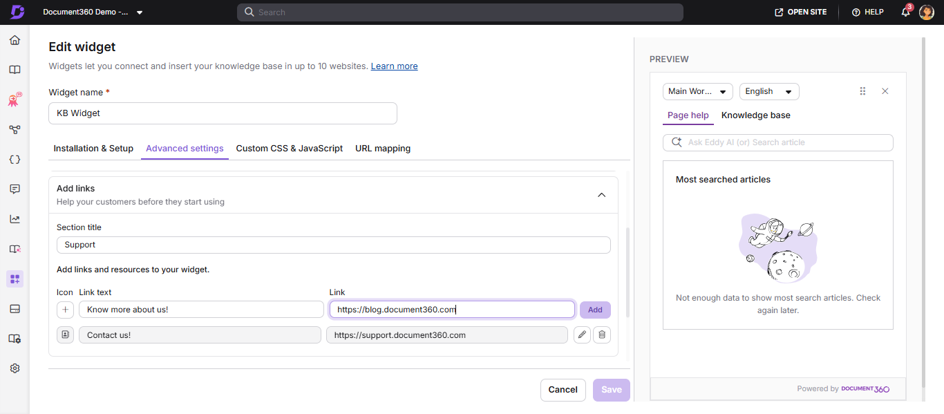 Widget configuration panel showing the Add links section with icon, link text, and destination fields