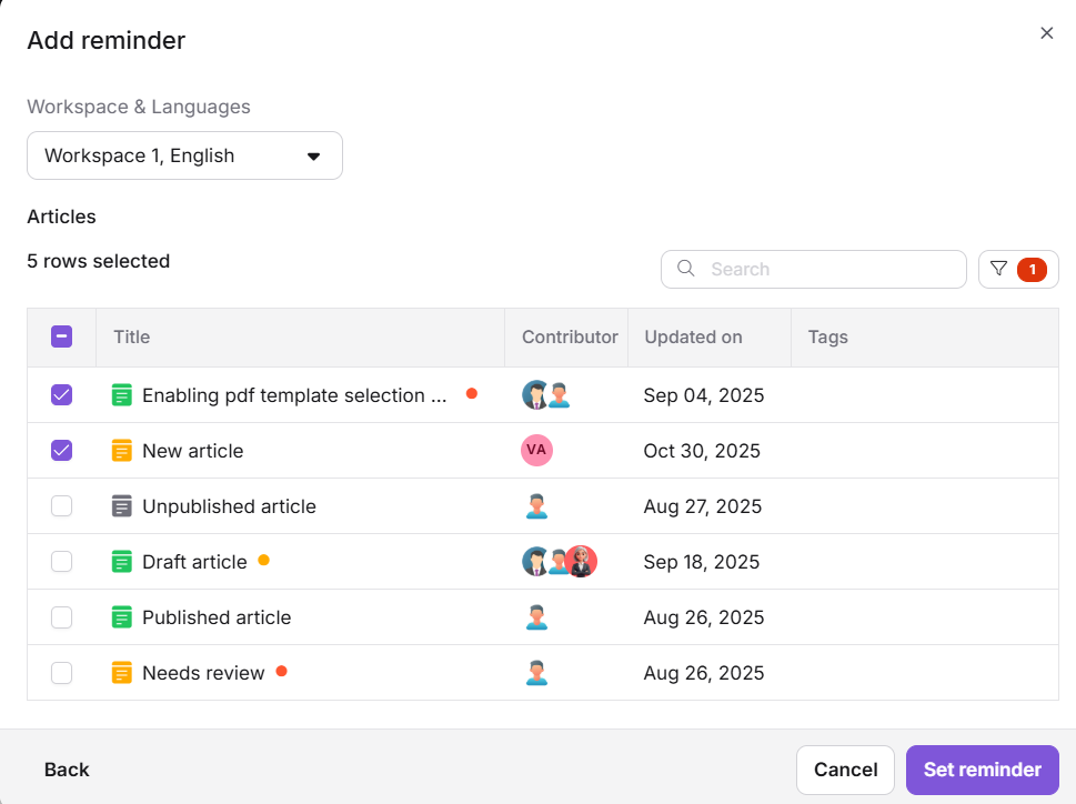 Create review reminder dialog showing reminder name, frequency, and reviewer fields