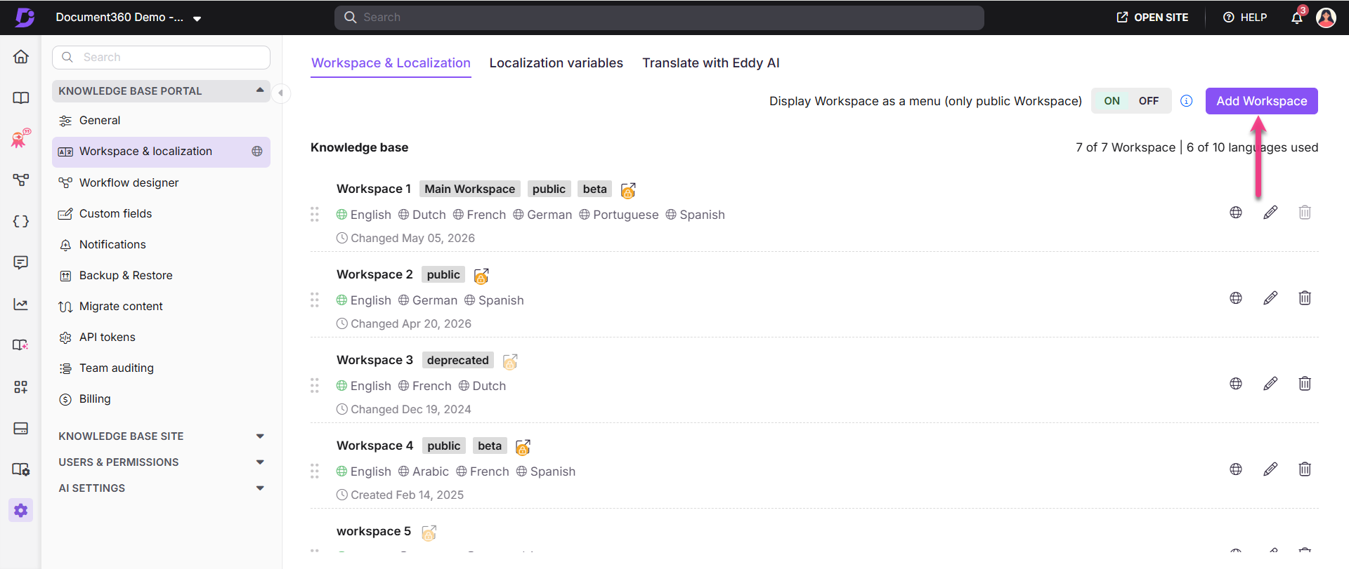 Add new workspace dialog showing fields for Knowledge base docs site type