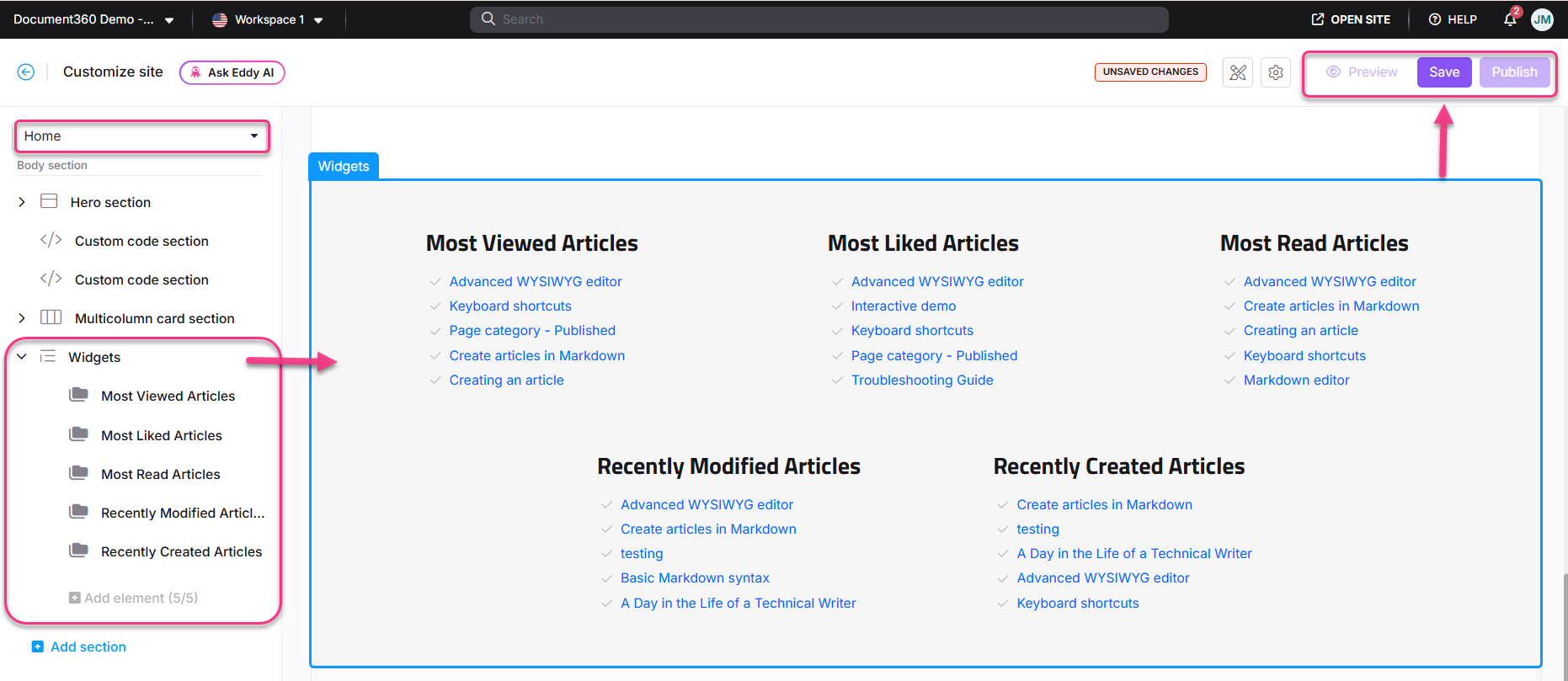 Widgets section displaying most viewed, liked, read, modified, and created articles.